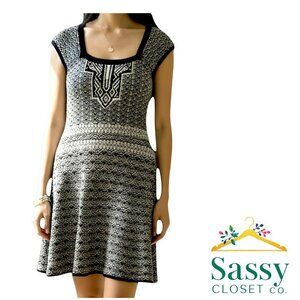 Nanette Lepore Black Ivory Geometric Fit & Flare Knit Dress L NWT